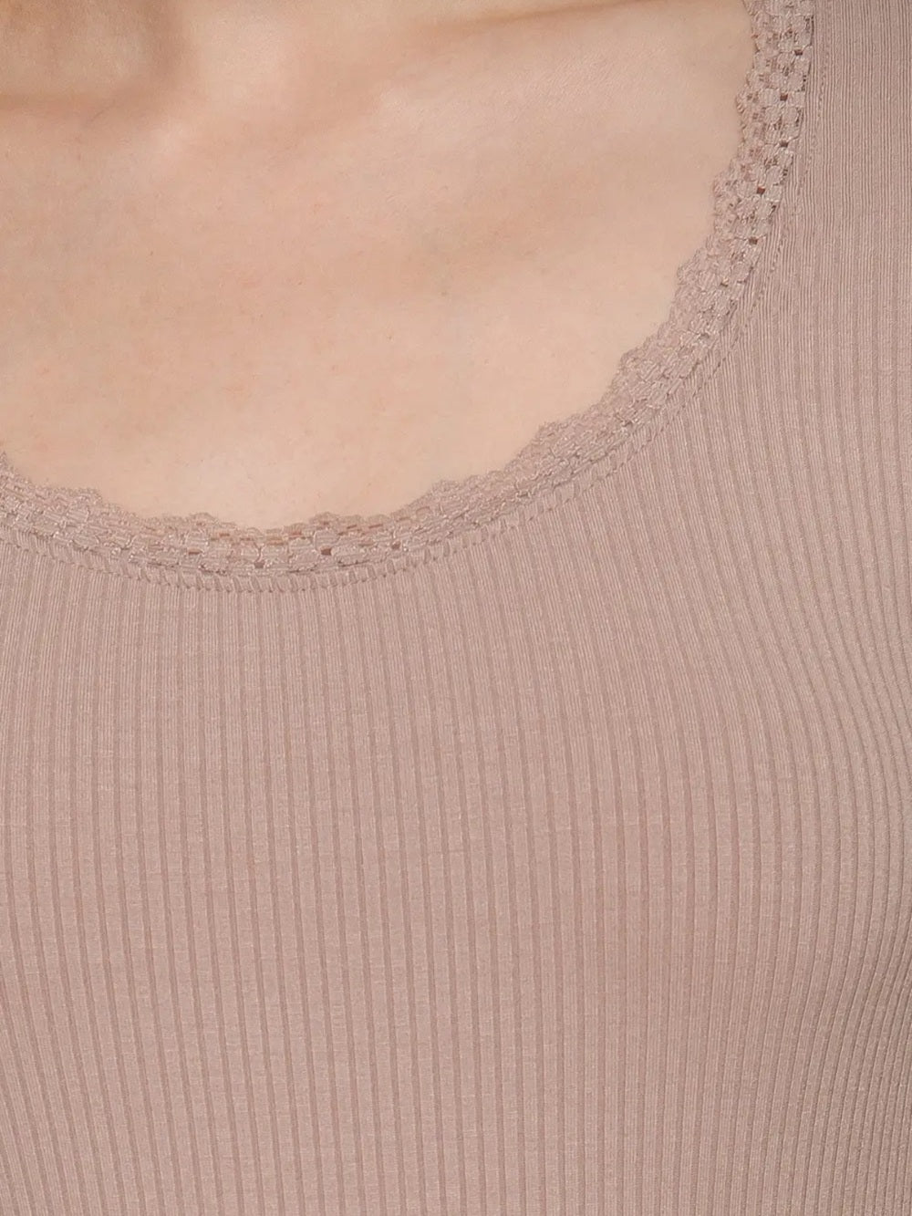 A568 Ribbed Lace-Trim Long Sleeve Top - Taupe