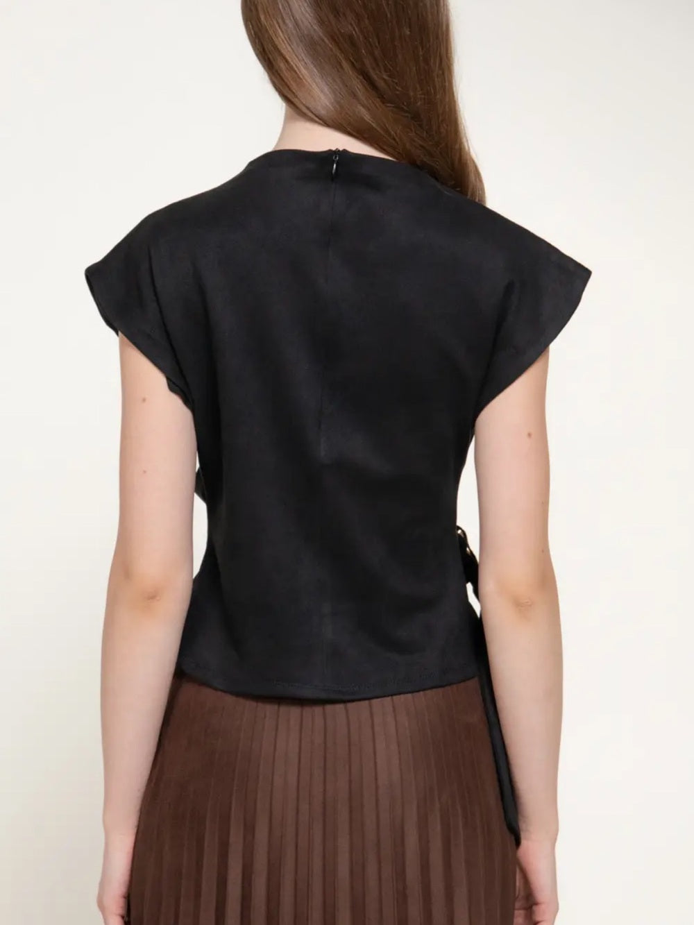 A570 Black Wrapped Faux Suede Belted Top - Women