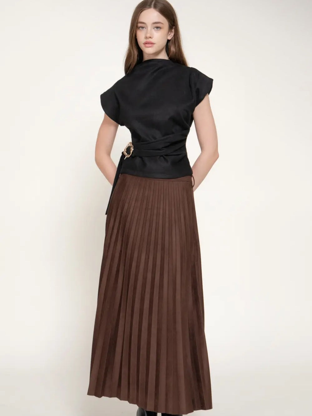 A570 Black Wrapped Faux Suede Belted Top - Women
