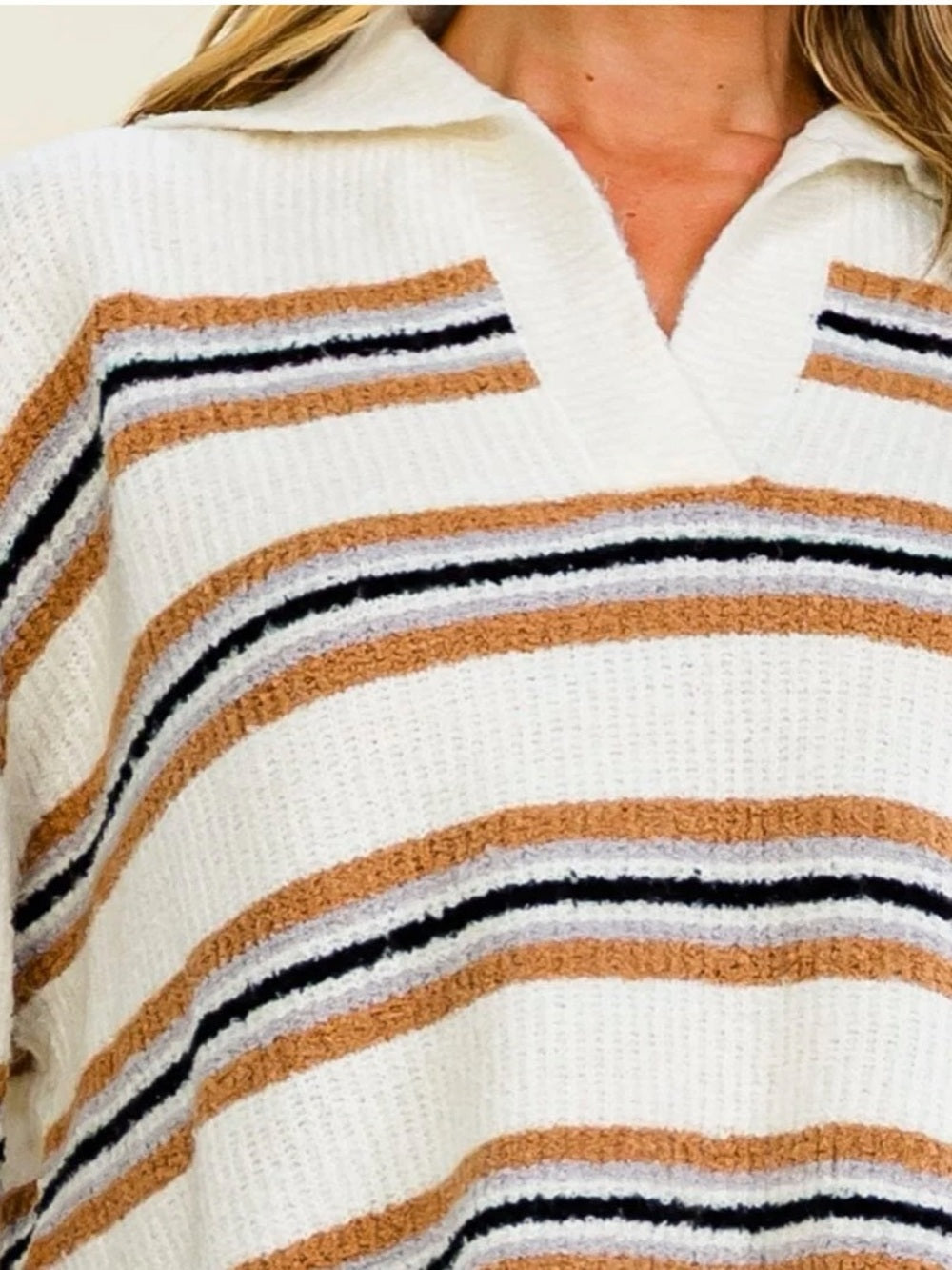 A572 Promesa Striped V-Neck Cozy Sweater — Cream with Tan & Black Stripes