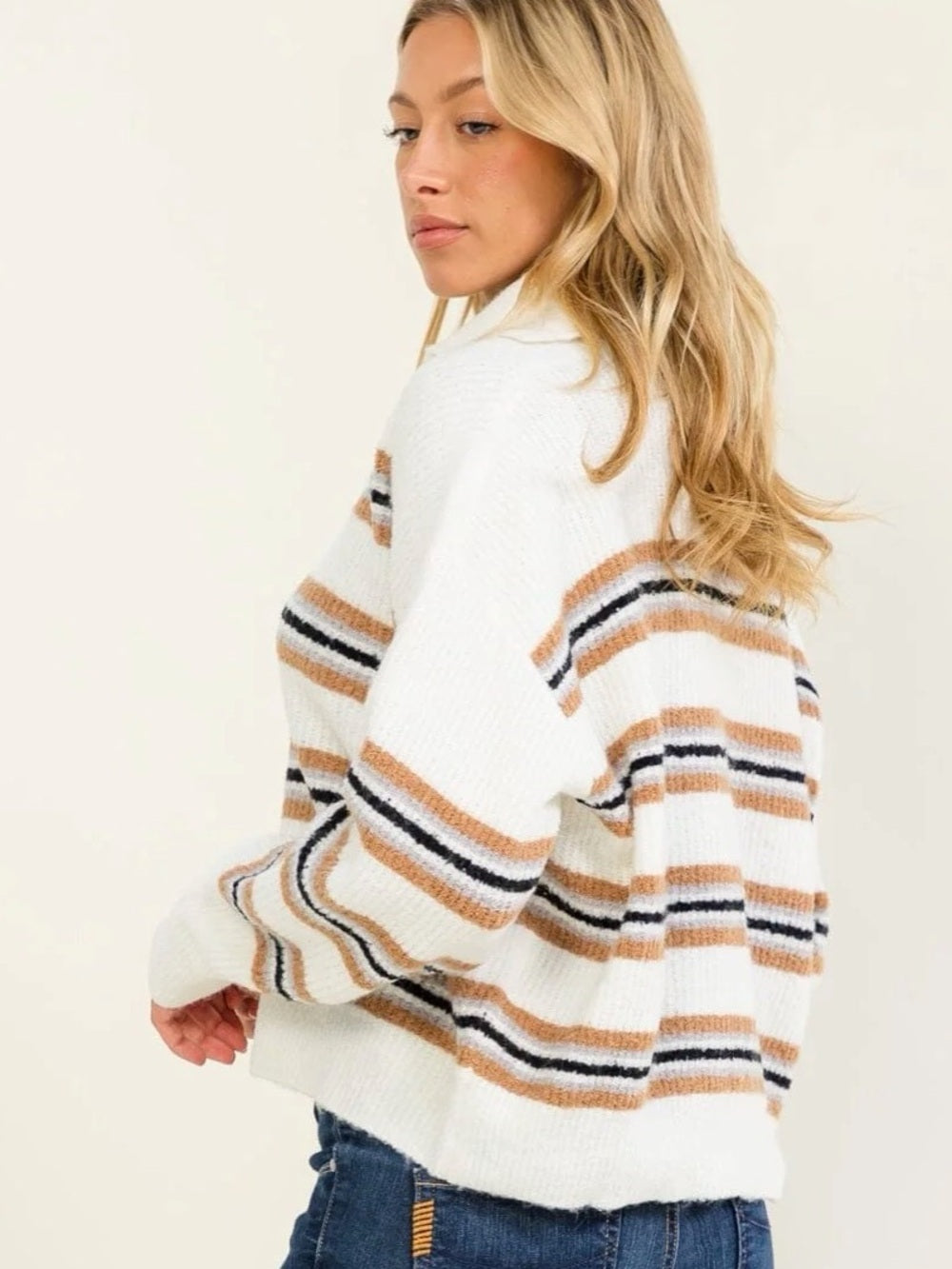 A572 Promesa Striped V-Neck Cozy Sweater — Cream with Tan & Black Stripes
