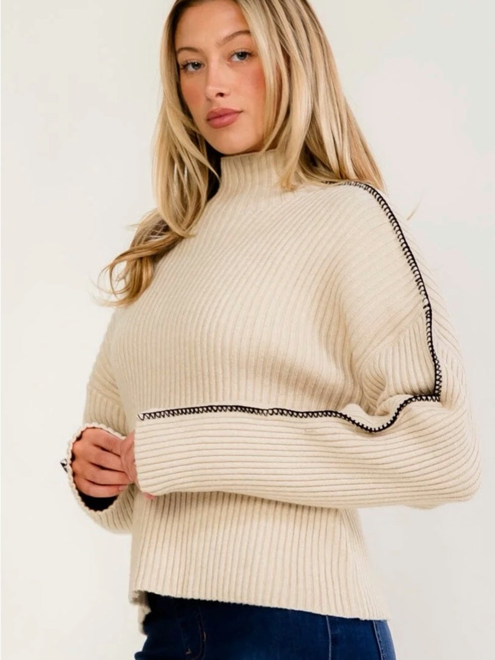 A574 Promesa Women’s Cream Ribbed Mock Neck Sweater w Black Stitching