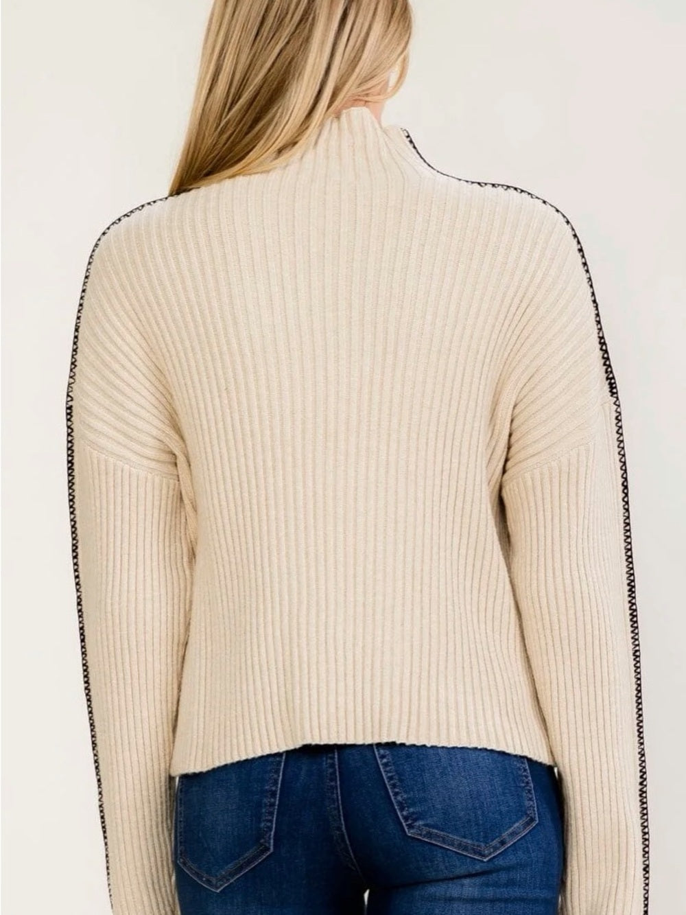 A574 Promesa Women’s Cream Ribbed Mock Neck Sweater w Black Stitching