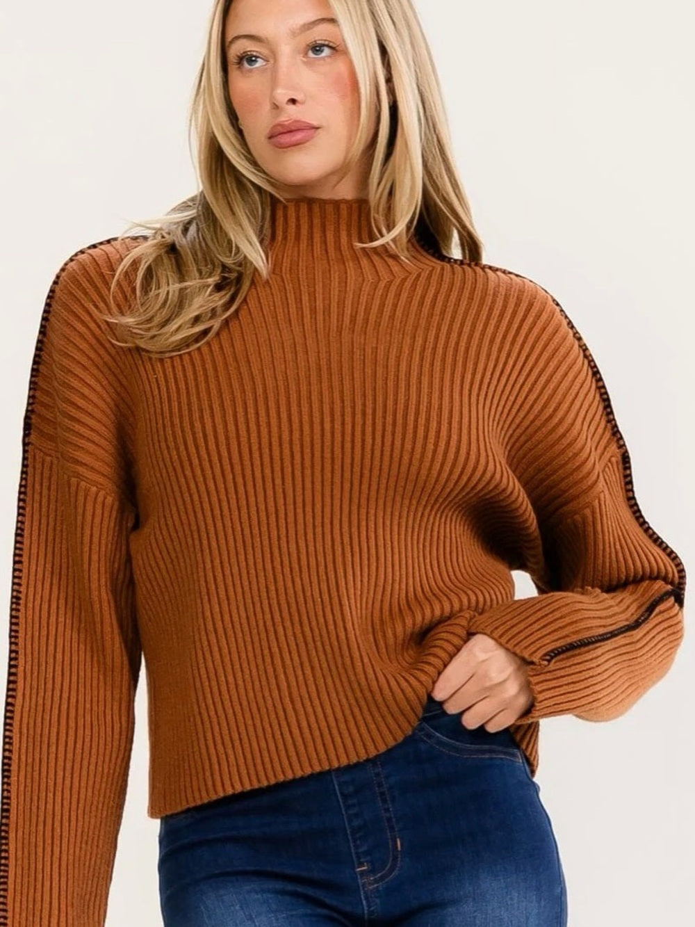 A575 Promesa Rust Ribbed Mock Neck Sweater w Black Stitching