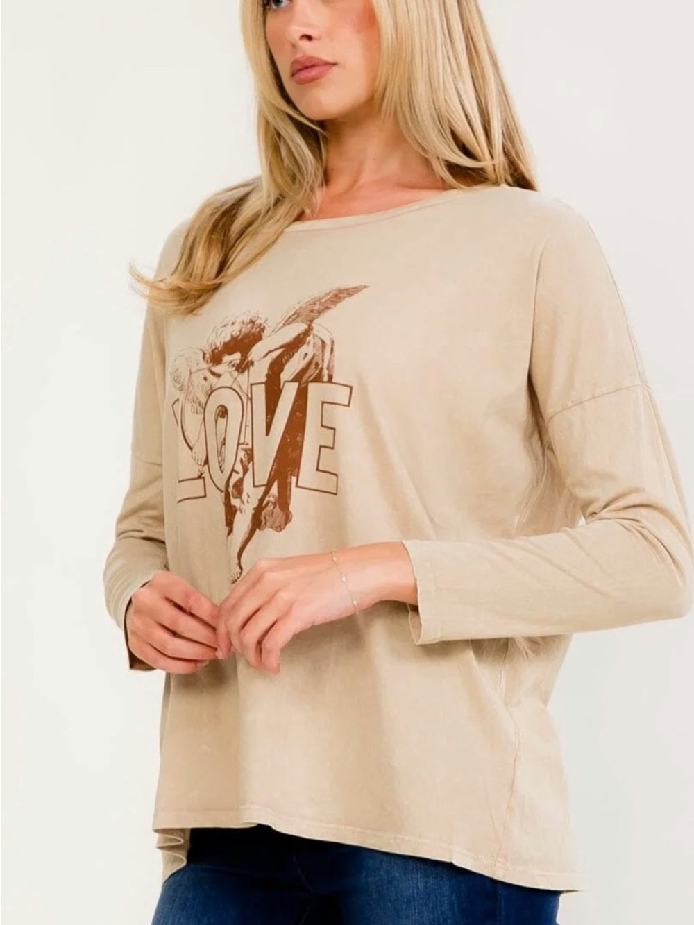 A577 LOVE Graphic Long-Sleeve Women’s Top - Beige