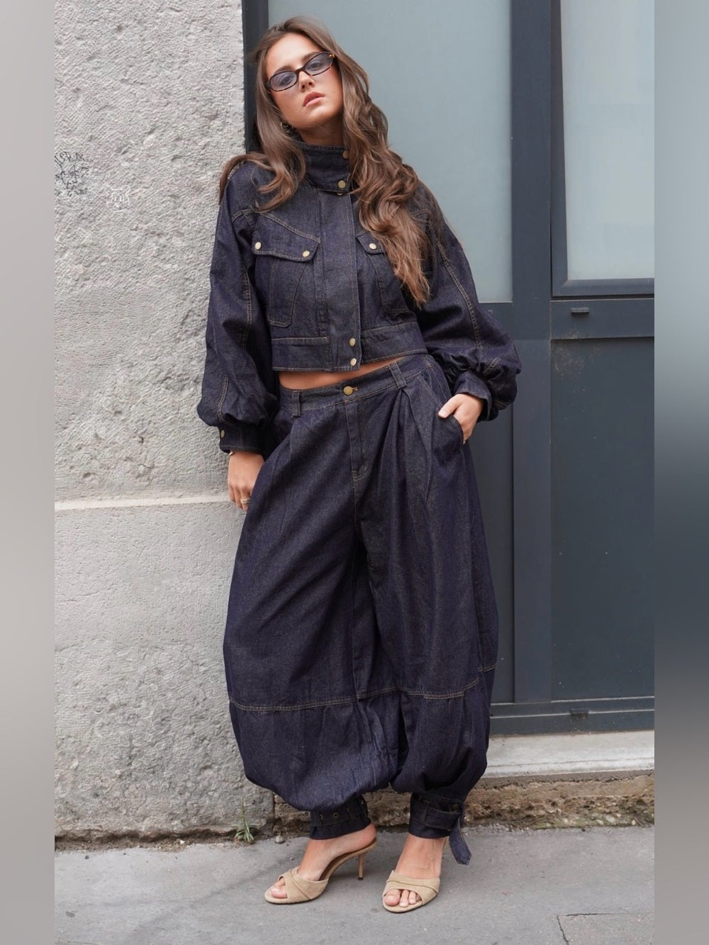 A556. Dark Blue Denim Zip-Front Jacket & Balloon Pant Set