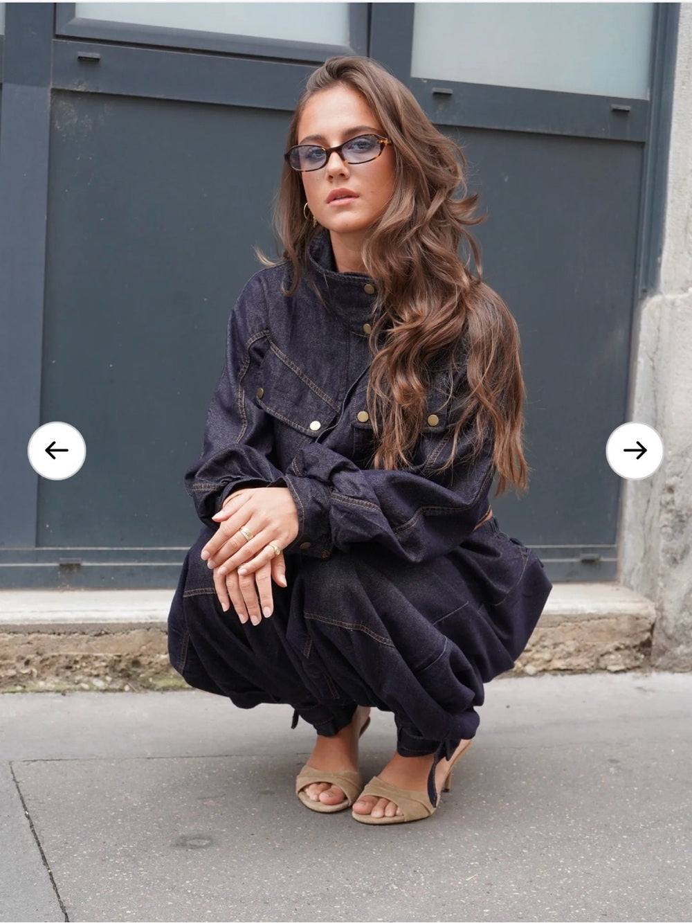 A556. Dark Blue Denim Zip-Front Jacket & Balloon Pant Set
