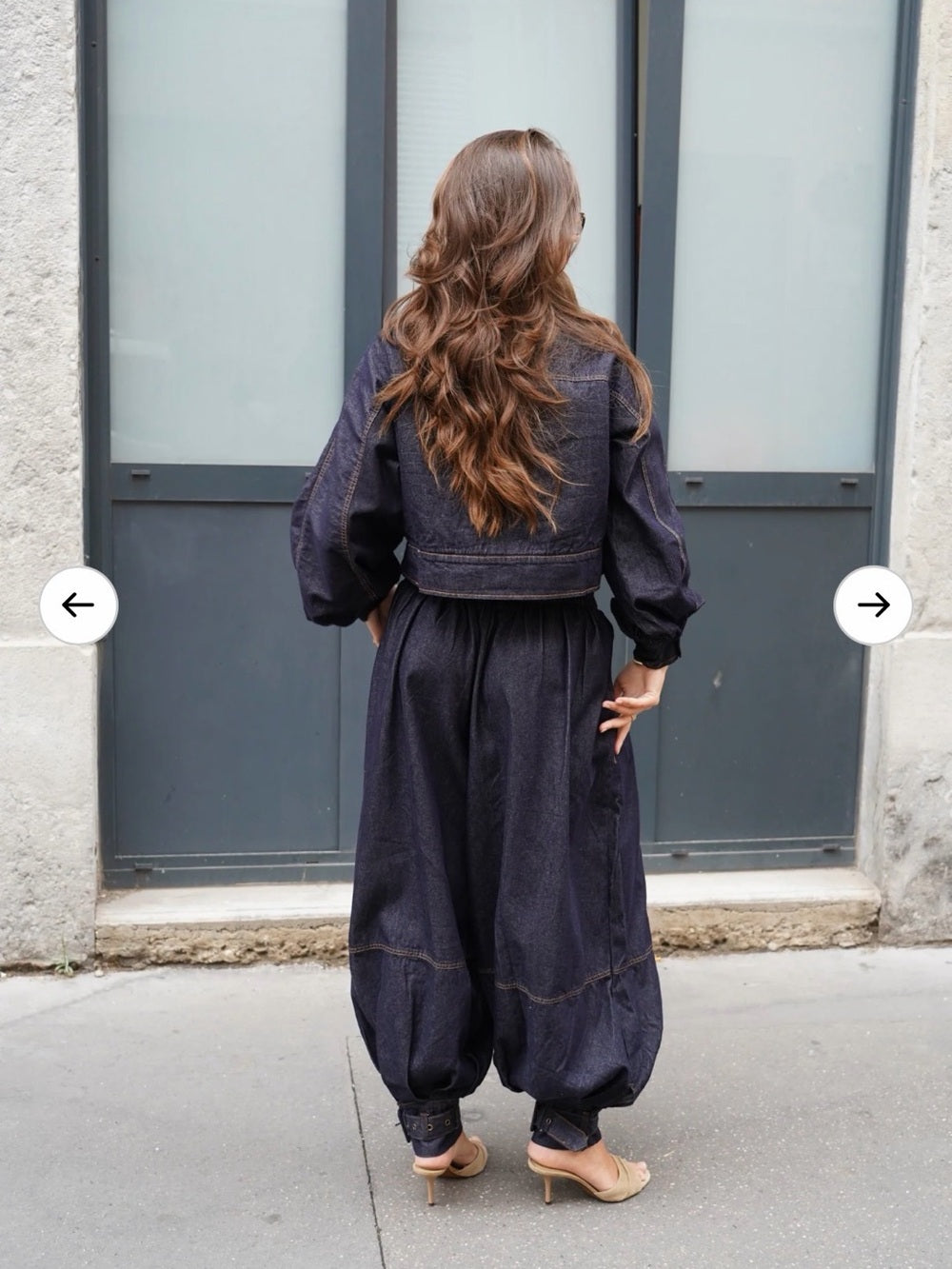 A556. Dark Blue Denim Zip-Front Jacket & Balloon Pant Set