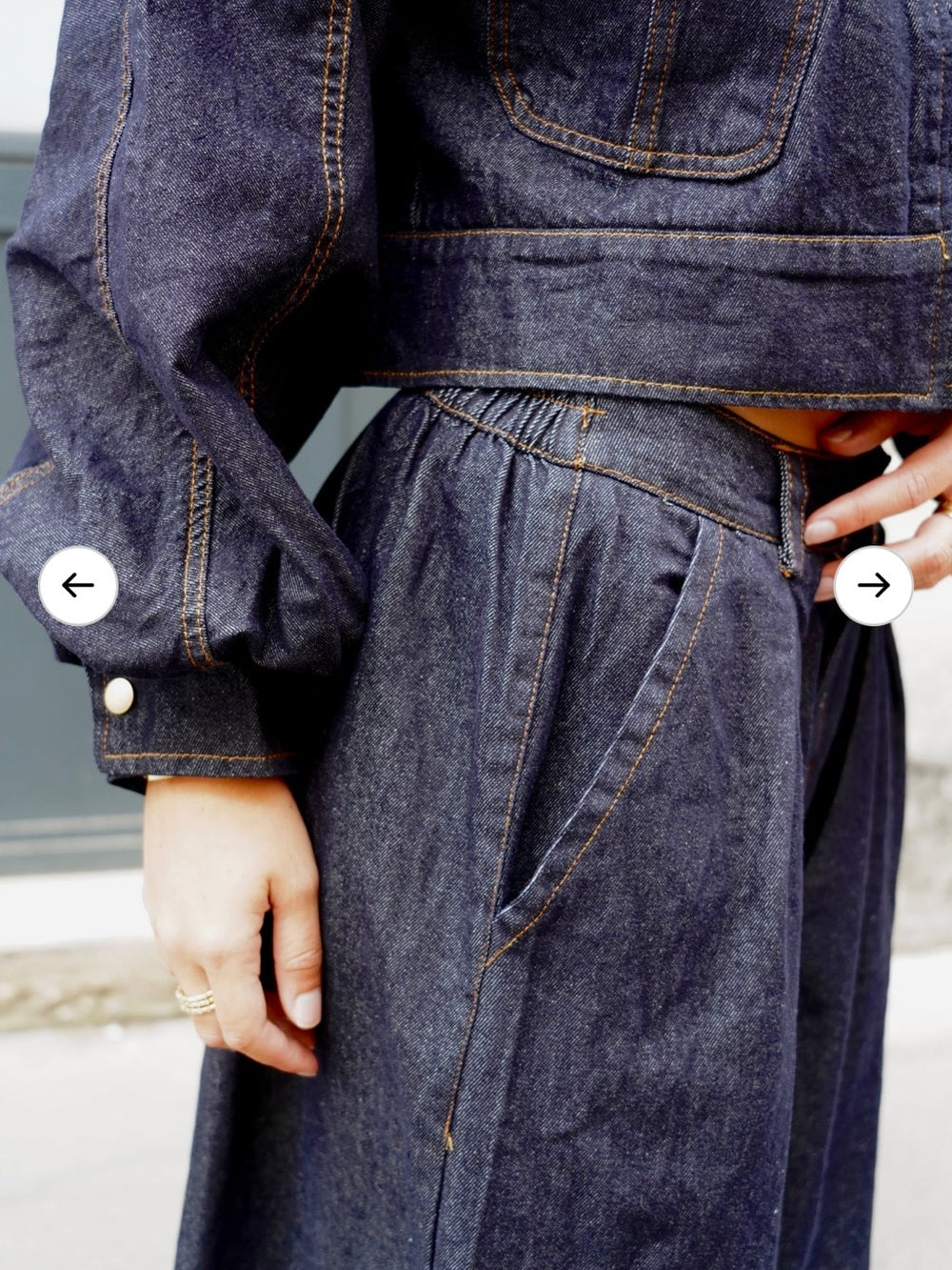 A556. Dark Blue Denim Zip-Front Jacket & Balloon Pant Set