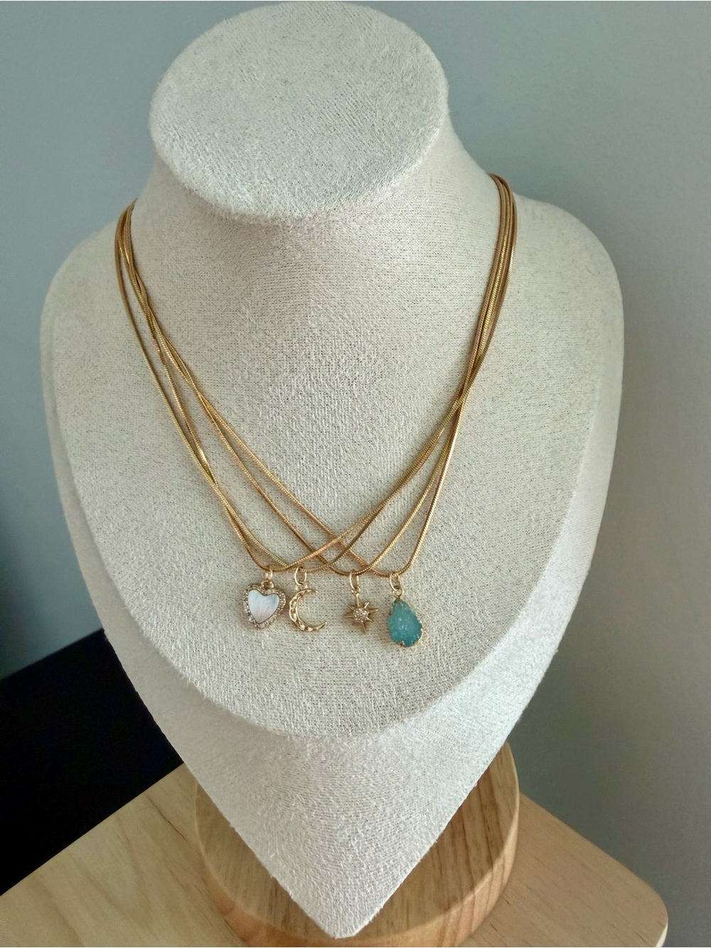 Luna Norte Gold Layered Pendant Necklace with Heart, Moon, Star & Teardrop