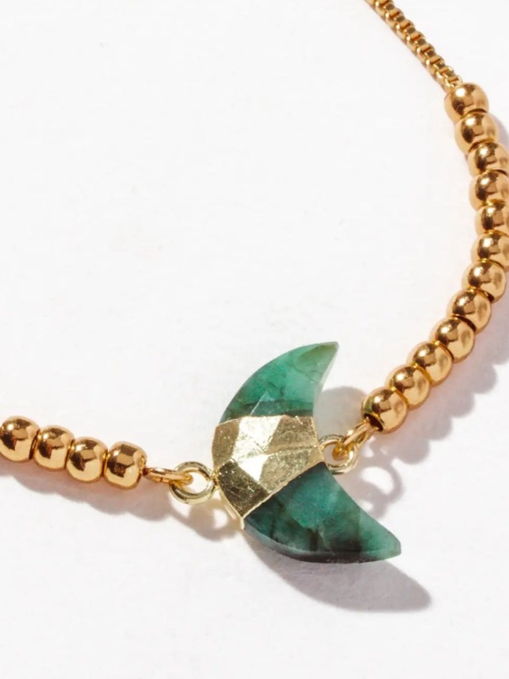 Luna Norte Gold Beaded Bracelet with Green Emerald Crescent