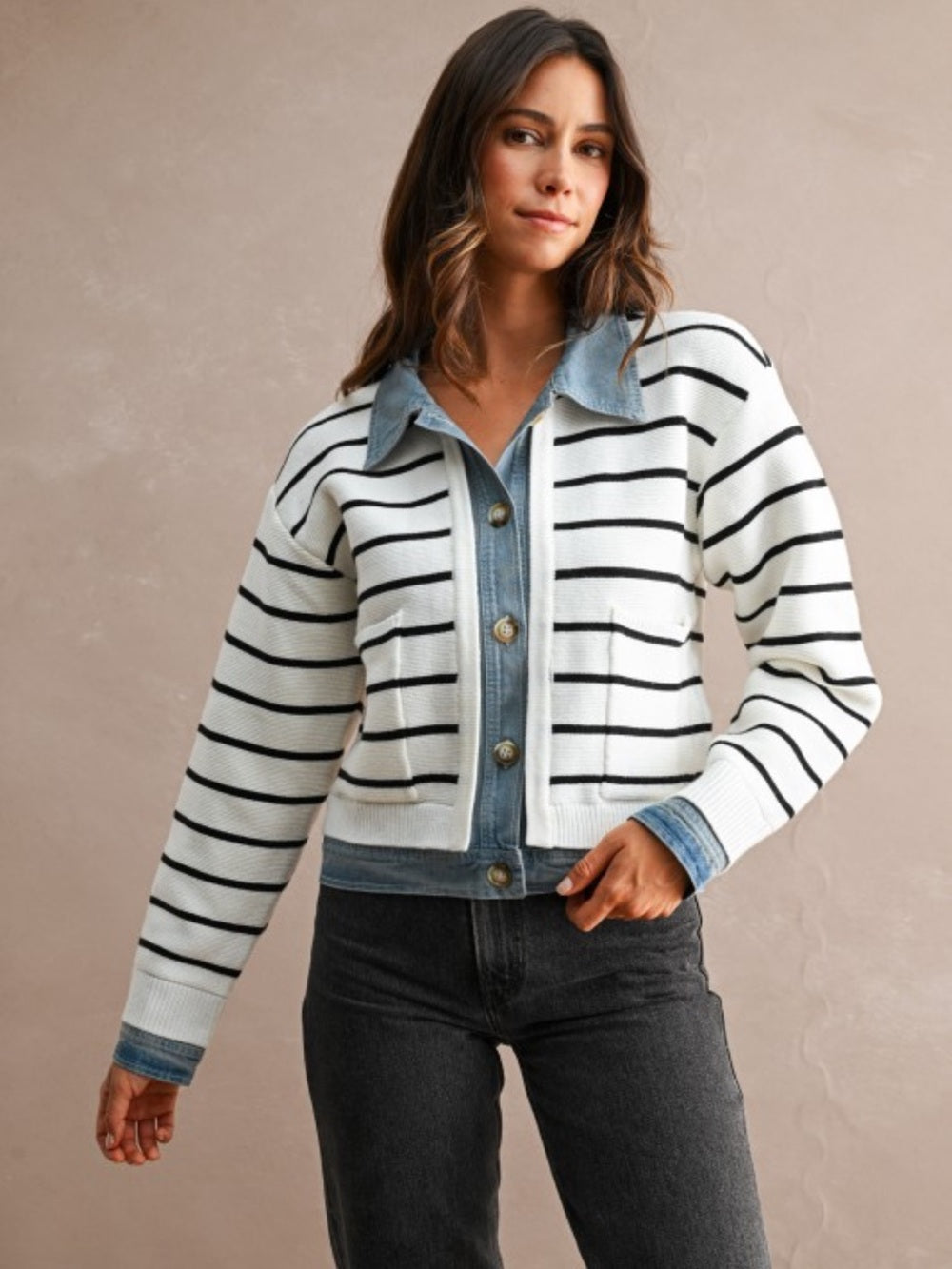 A578.Mable Striped White & Black Knit Jacket with Denim Trim