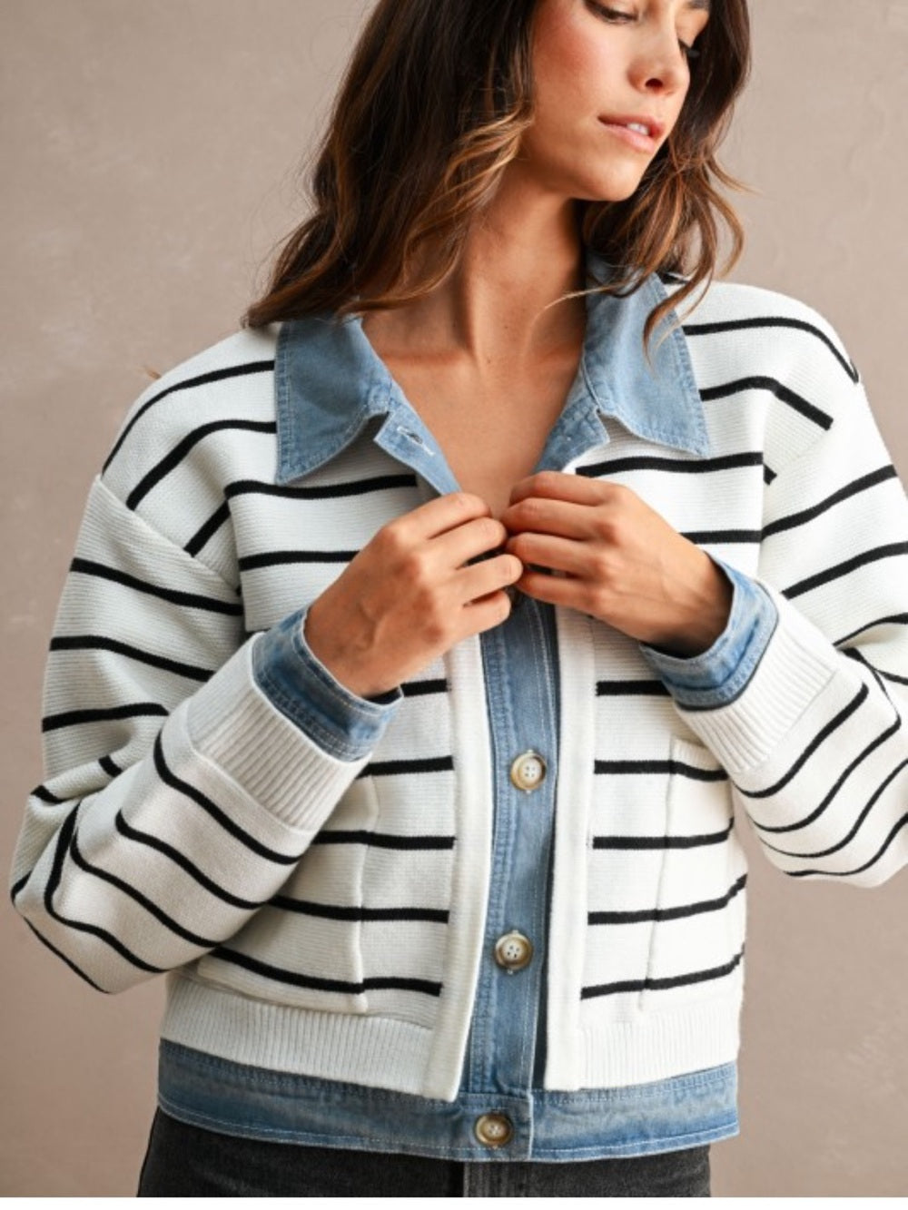 A578.Mable Striped White & Black Knit Jacket with Denim Trim