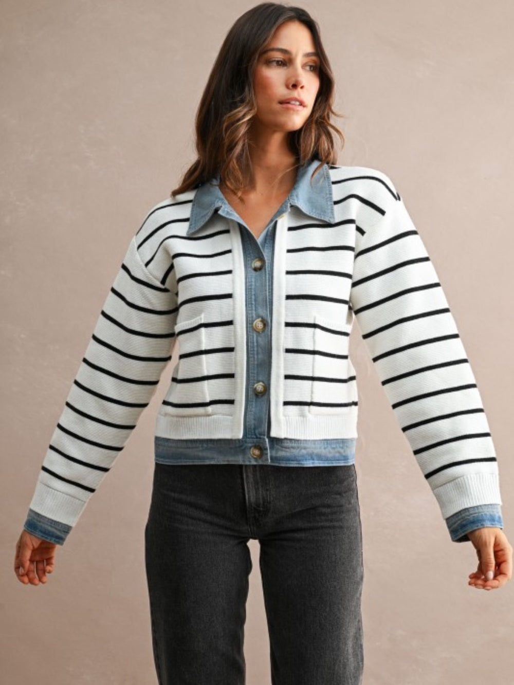 A578.Mable Striped White & Black Knit Jacket with Denim Trim