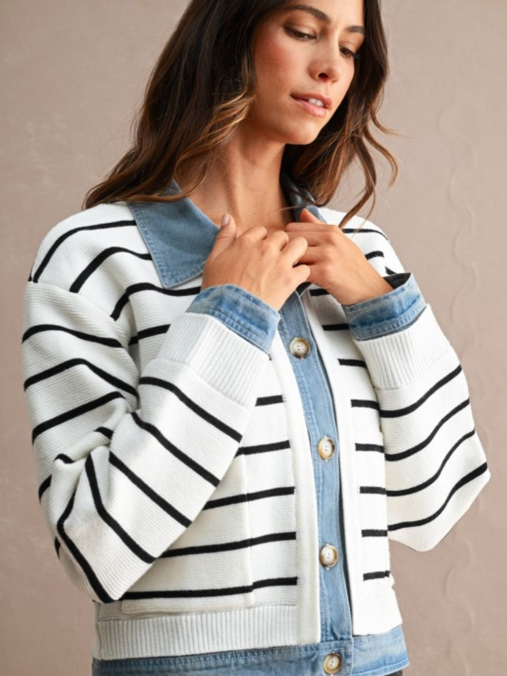 A578.Mable Striped White & Black Knit Jacket with Denim Trim