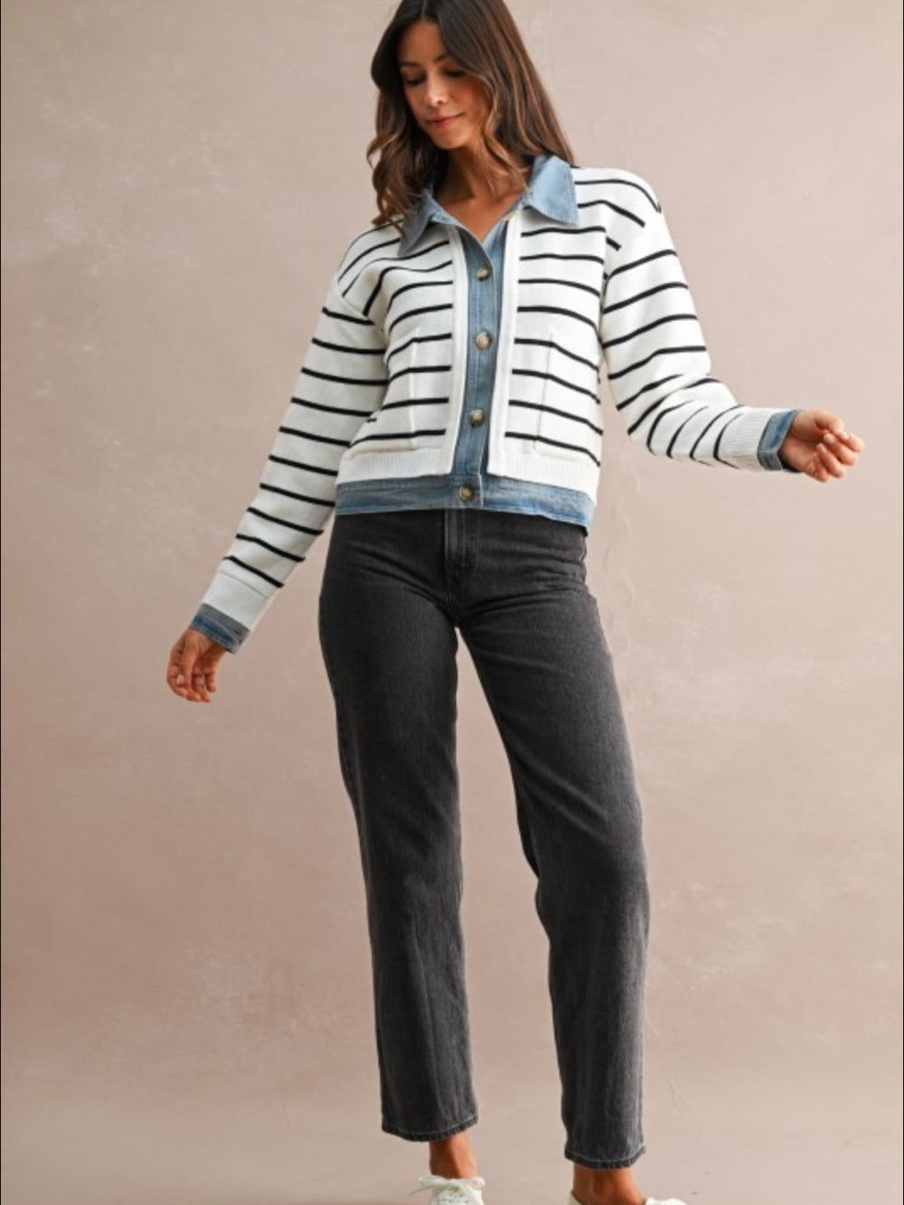 A578.Mable Striped White & Black Knit Jacket with Denim Trim