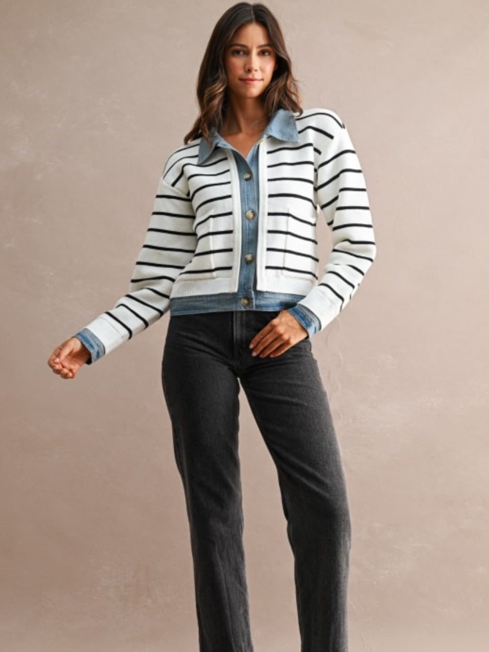 A578.Mable Striped White & Black Knit Jacket with Denim Trim