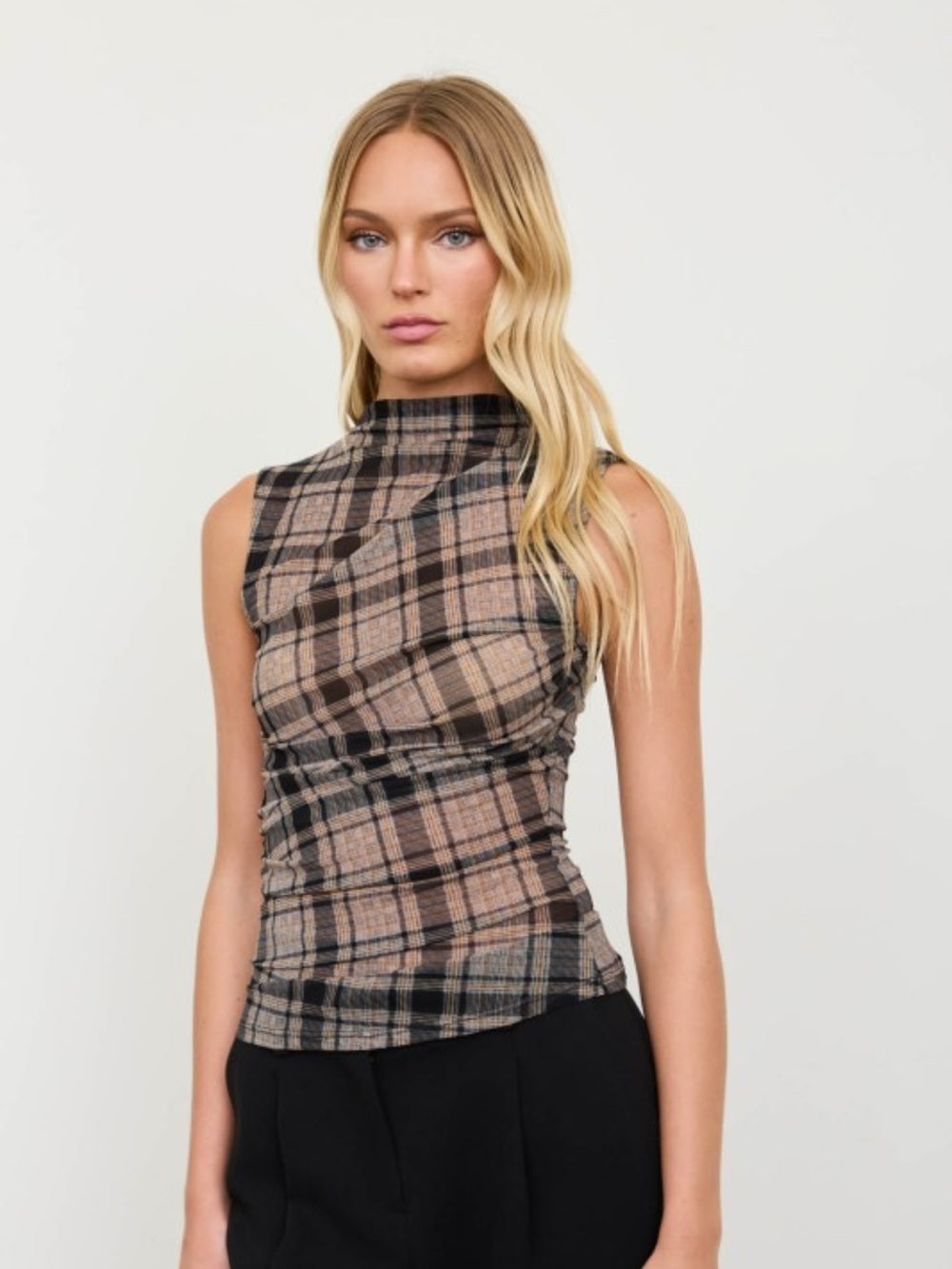 A579 Sleeveless Plaid Mesh Mock Neck Top - Tan/Black