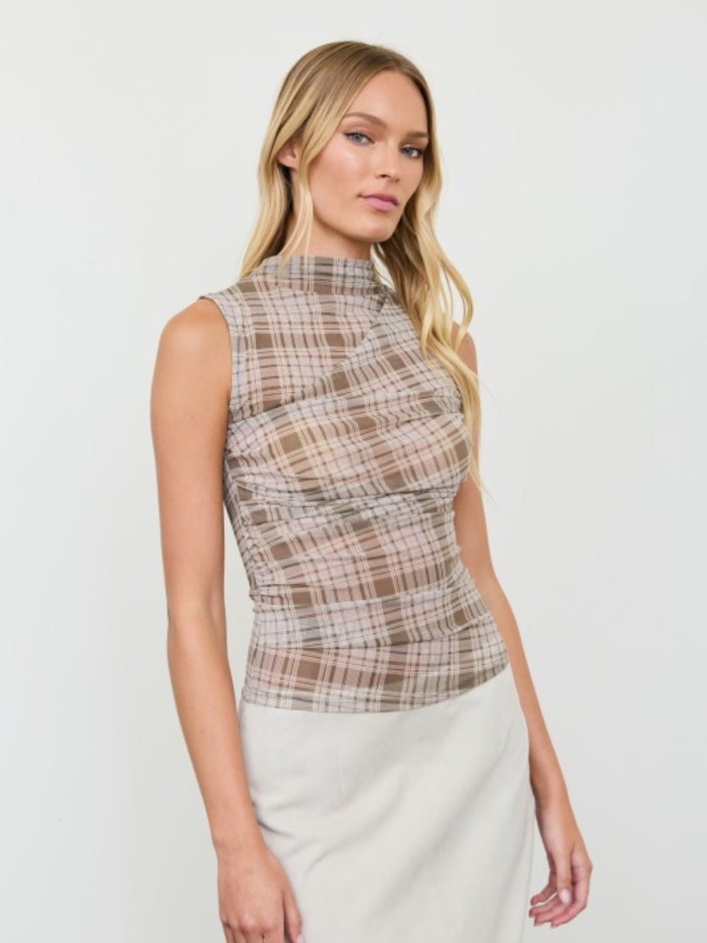 A580. Sleeveless Plaid Mesh Mock Neck Top in Taupe