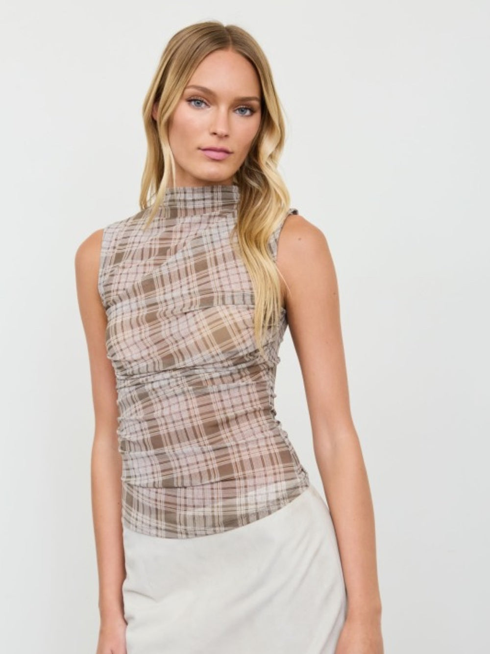 A580. Sleeveless Plaid Mesh Mock Neck Top in Taupe