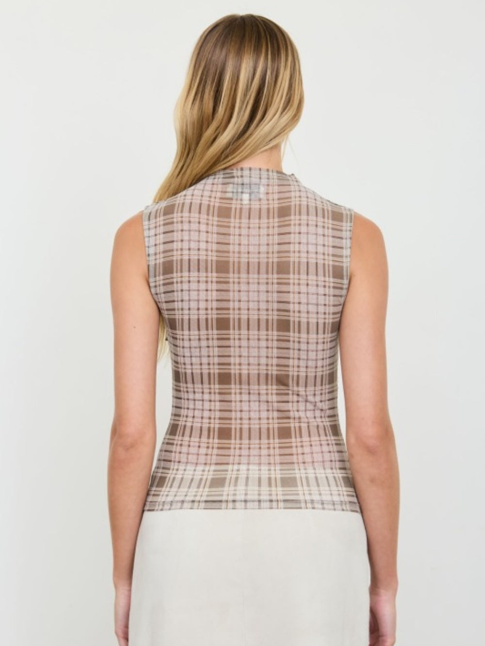 A580. Sleeveless Plaid Mesh Mock Neck Top in Taupe