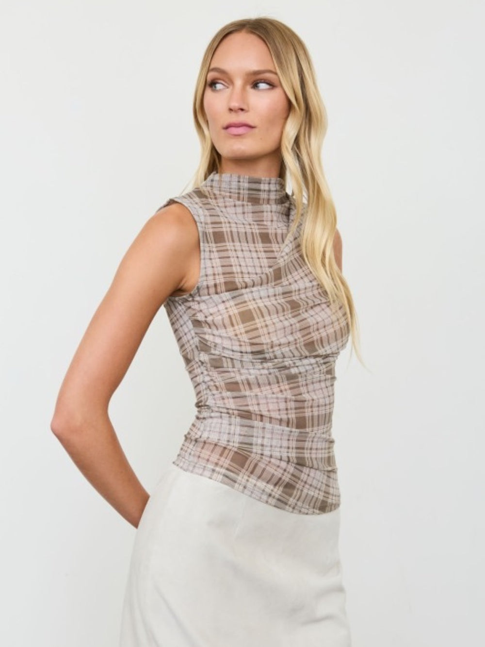 A580. Sleeveless Plaid Mesh Mock Neck Top in Taupe