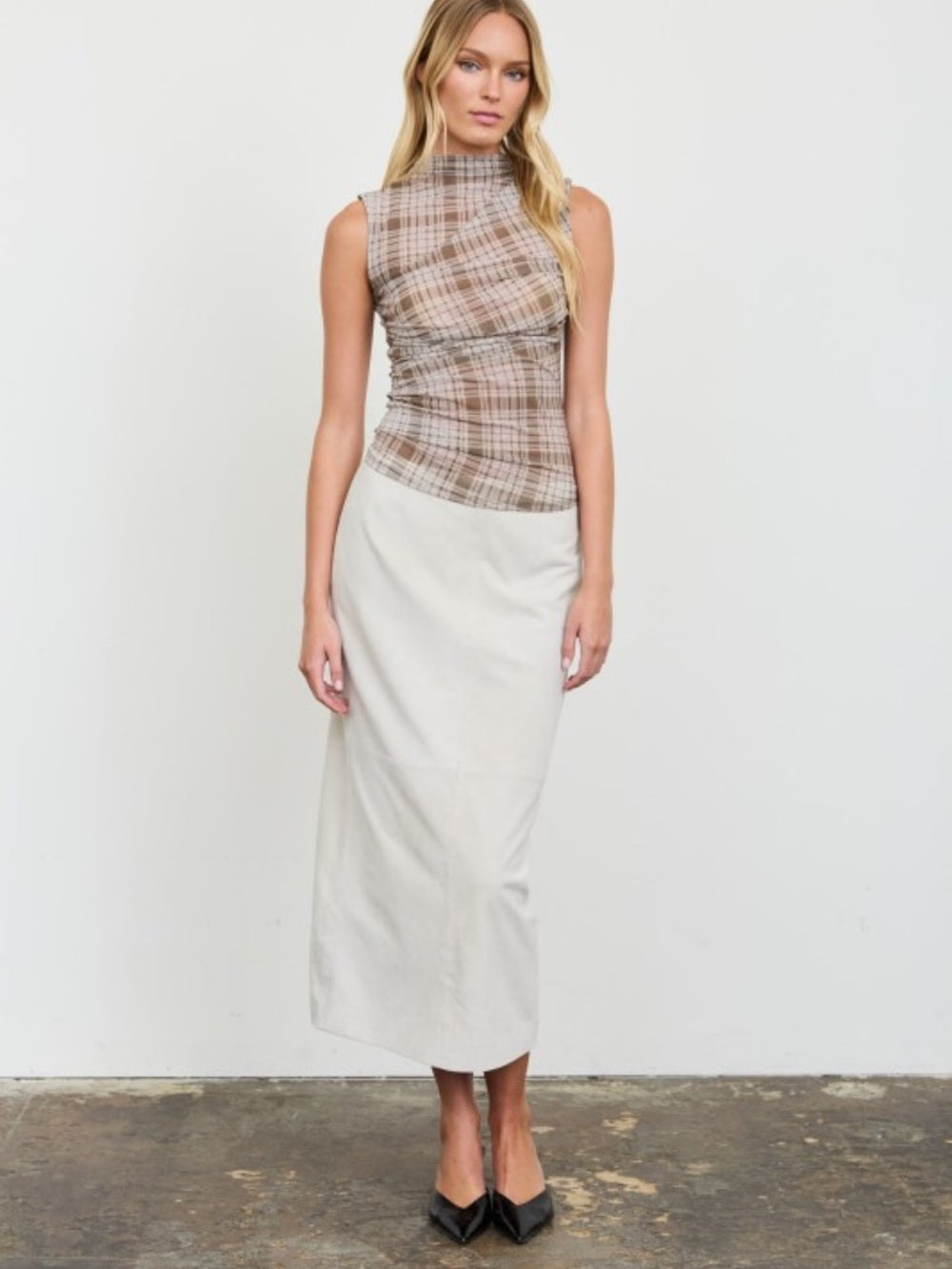 A580. Sleeveless Plaid Mesh Mock Neck Top in Taupe