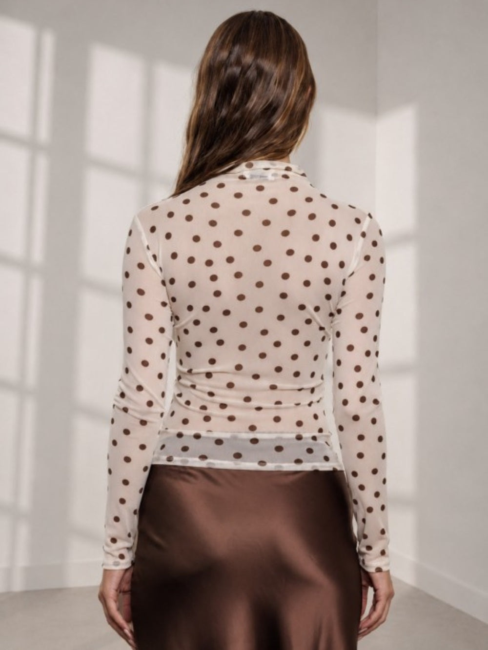 A581. Sheer Polka Dot Long-Sleeve Mesh Mock Neck Top - Cream with Brown Dots