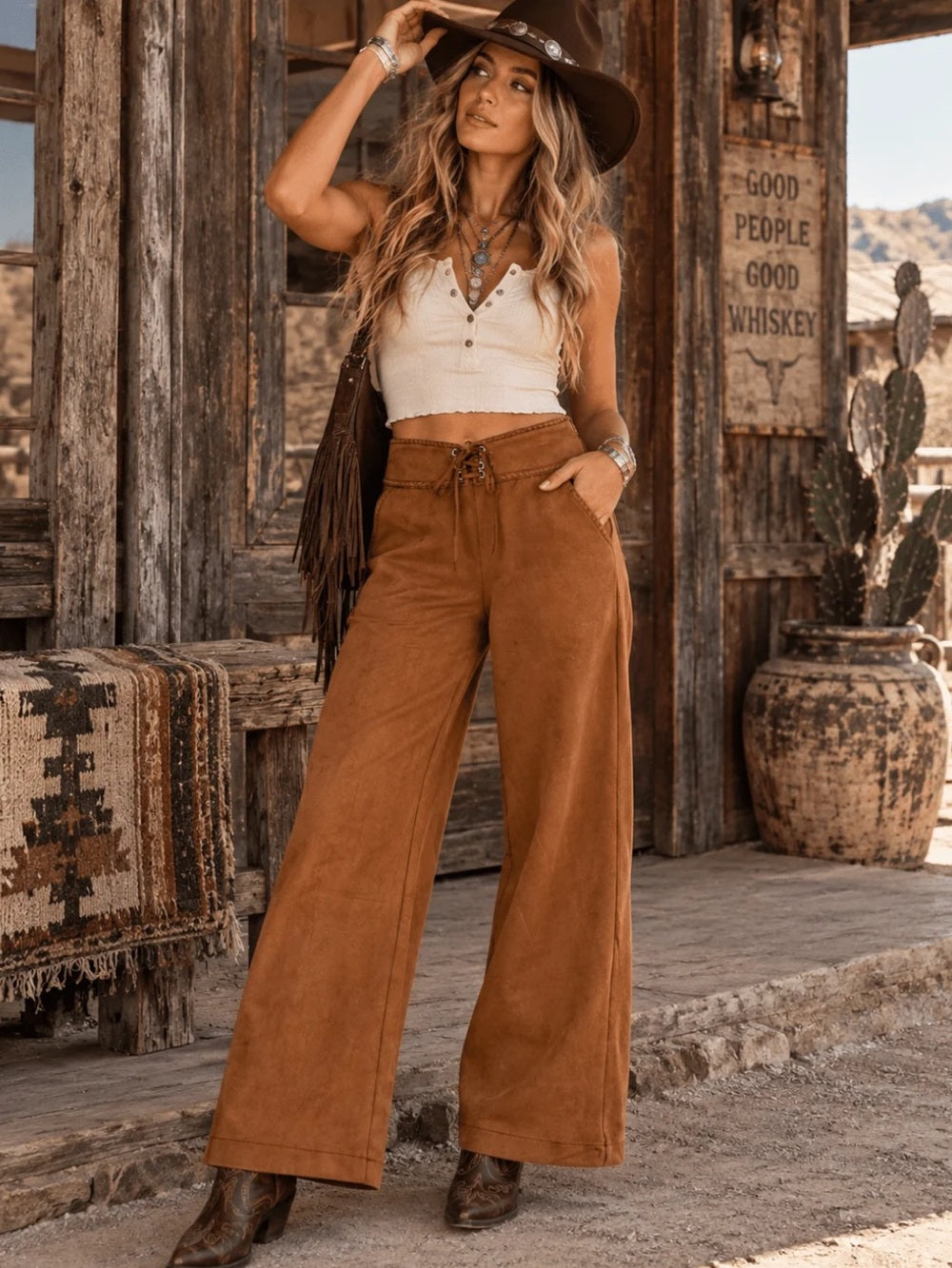 A582. Wide-Leg Lace-Up Fuax Suede Pants
