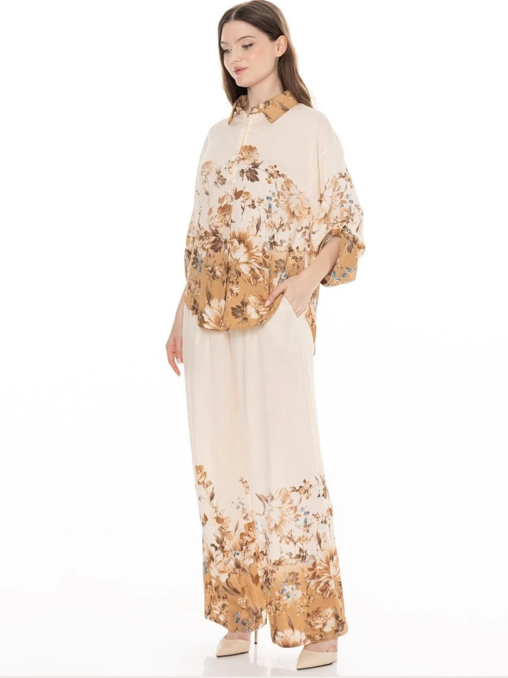 A583. Floral Print Cream & Tan Wide-Leg Pant & Button Down Shirt Set