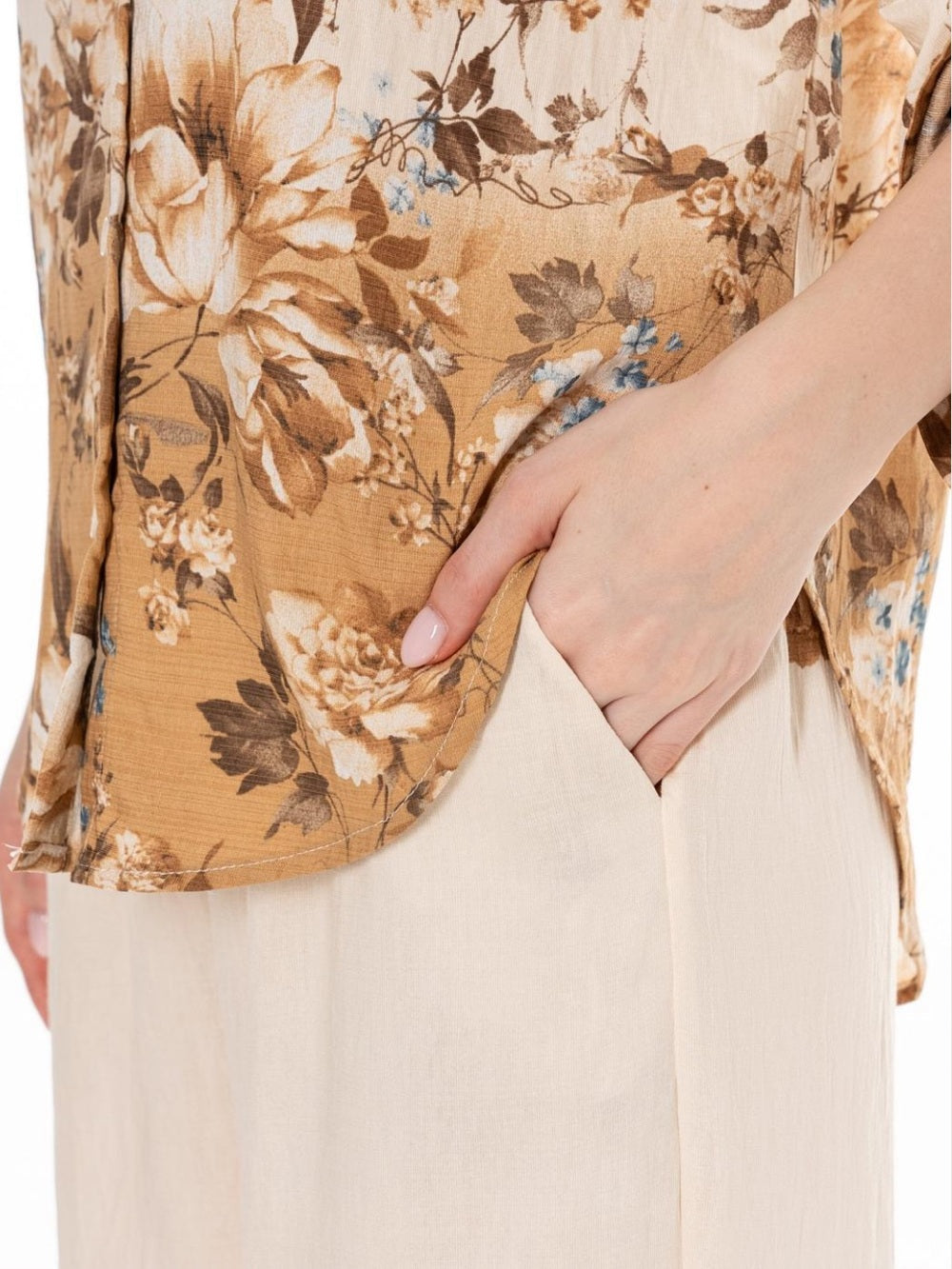 A583. Floral Print Cream & Tan Wide-Leg Pant & Button Down Shirt Set