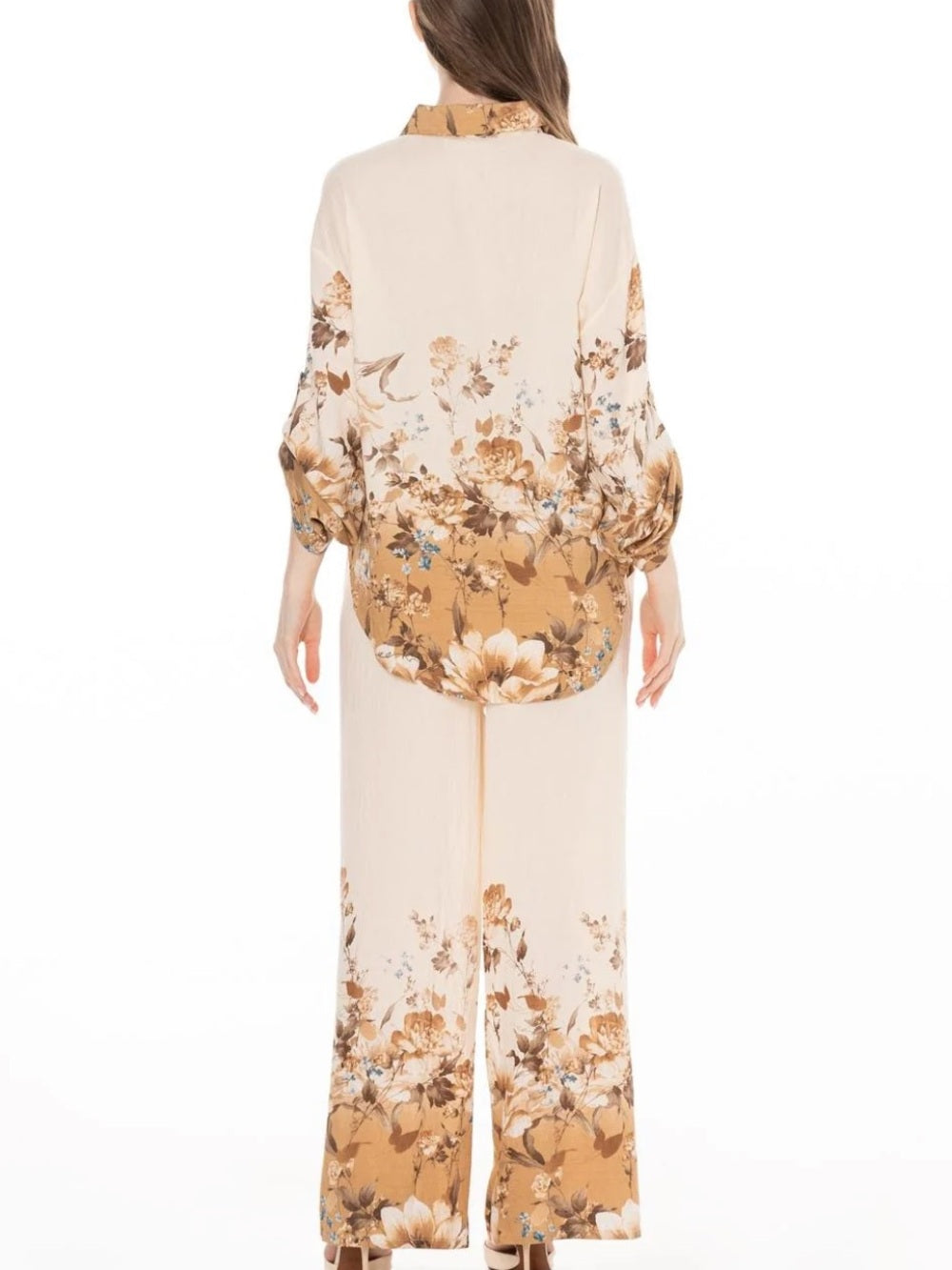 A583. Floral Print Cream & Tan Wide-Leg Pant & Button Down Shirt Set