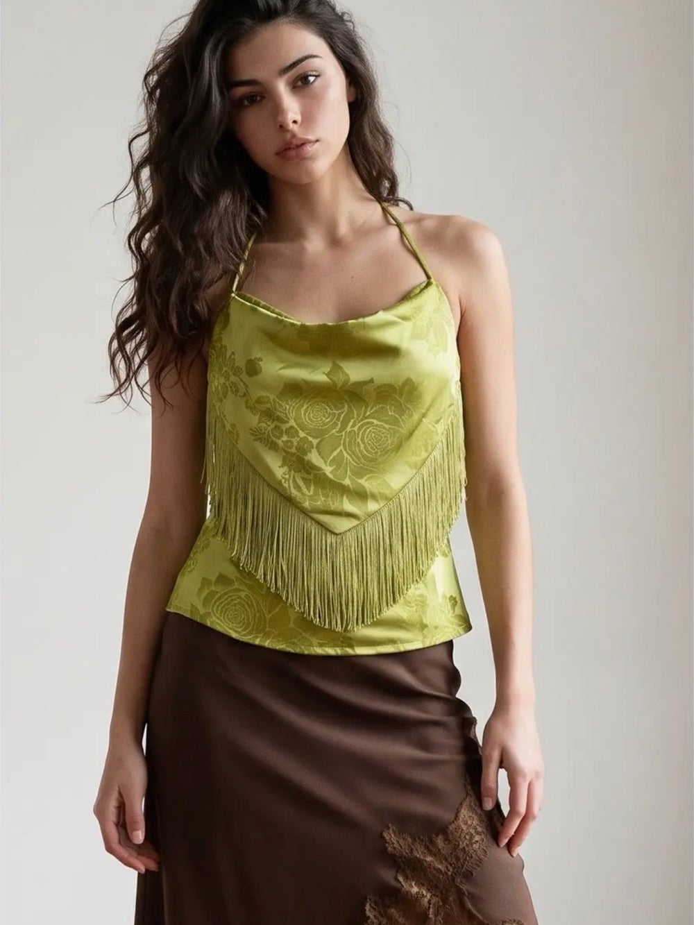 A586. Silk-Look Fringe Halter Top in Olive Green