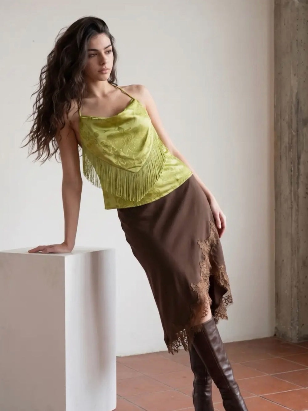 A586. Silk-Look Fringe Halter Top in Olive Green