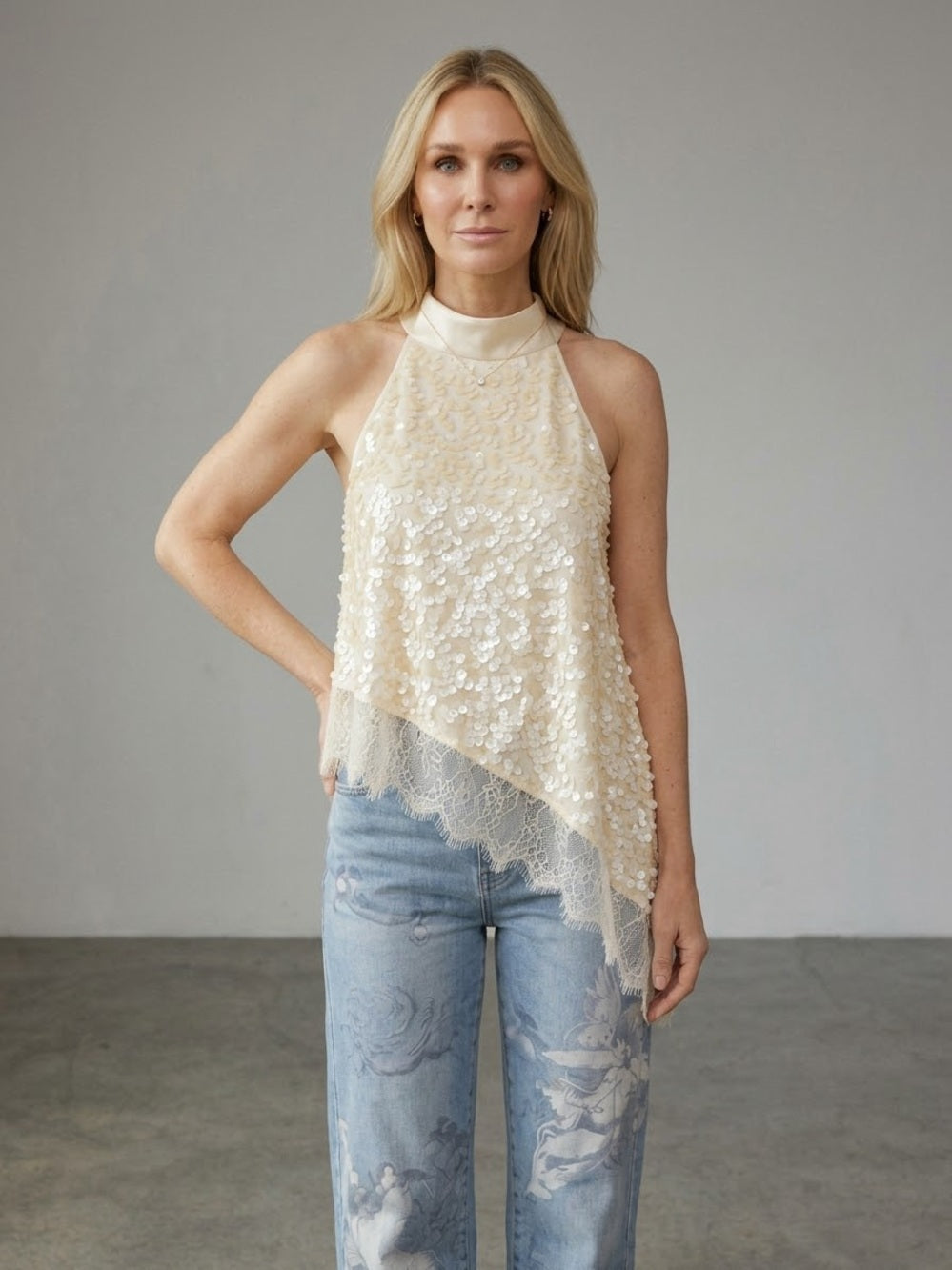 A588. Sleeveless Sequin Lace Asymmetrical Top - Cream
