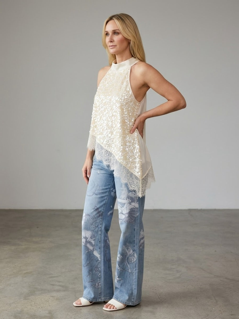 A588. Sleeveless Sequin Lace Asymmetrical Top - Cream