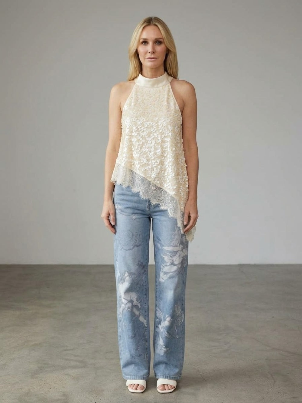 A588. Sleeveless Sequin Lace Asymmetrical Top - Cream