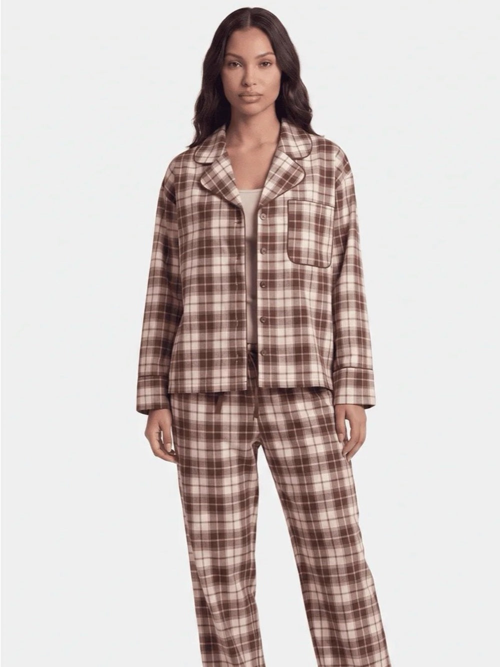 A591. Plaid Cotton-Blend Pajama Set in Brown - Women’s Sleepwear