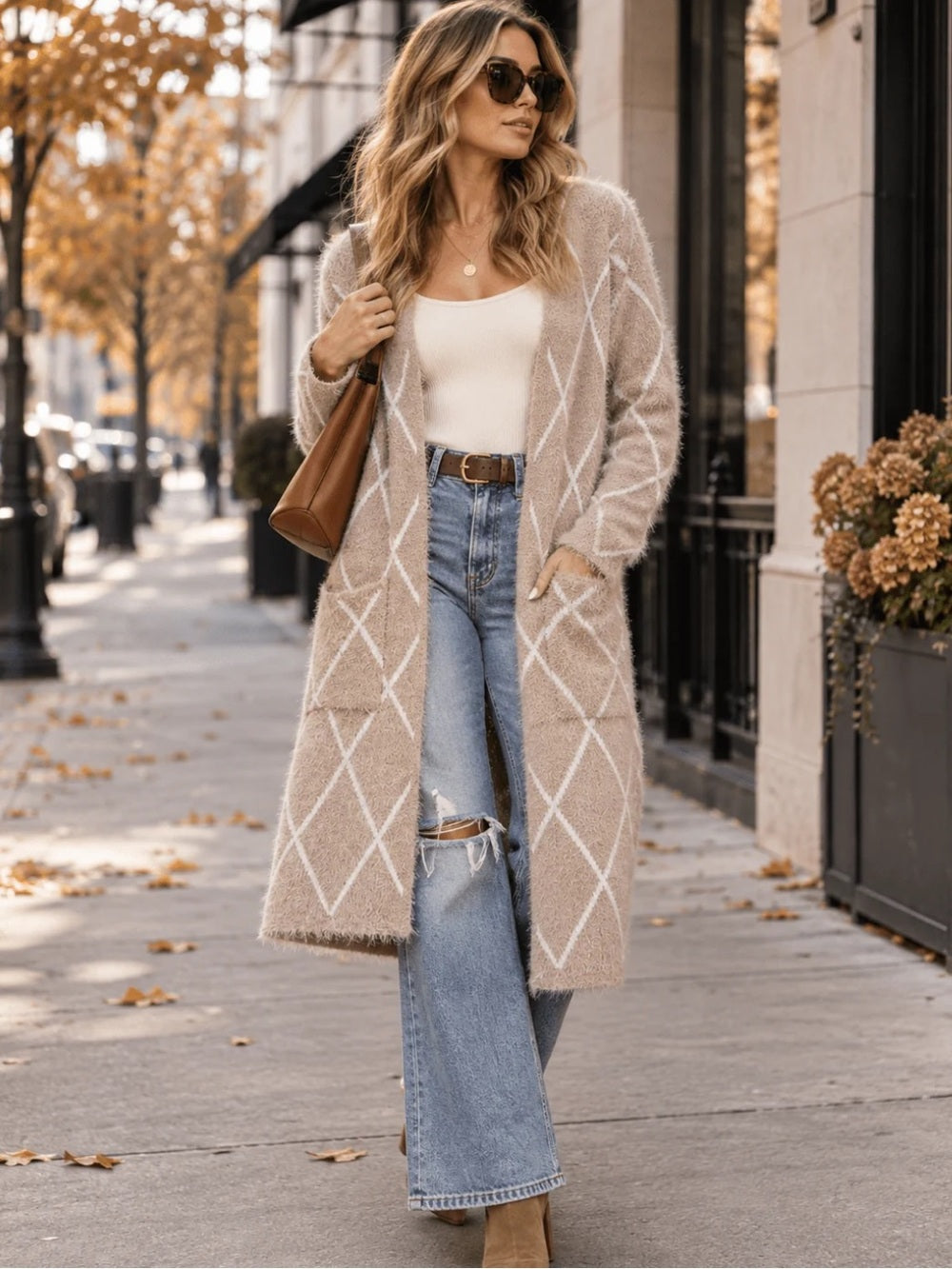 A592. Cozy Cream Diamond-Pattern Long Cardigan Sweater