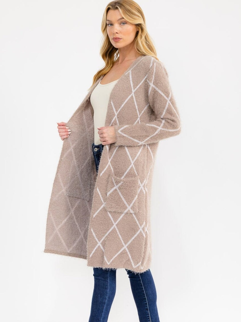 A592. Cozy Cream Diamond-Pattern Long Cardigan Sweater