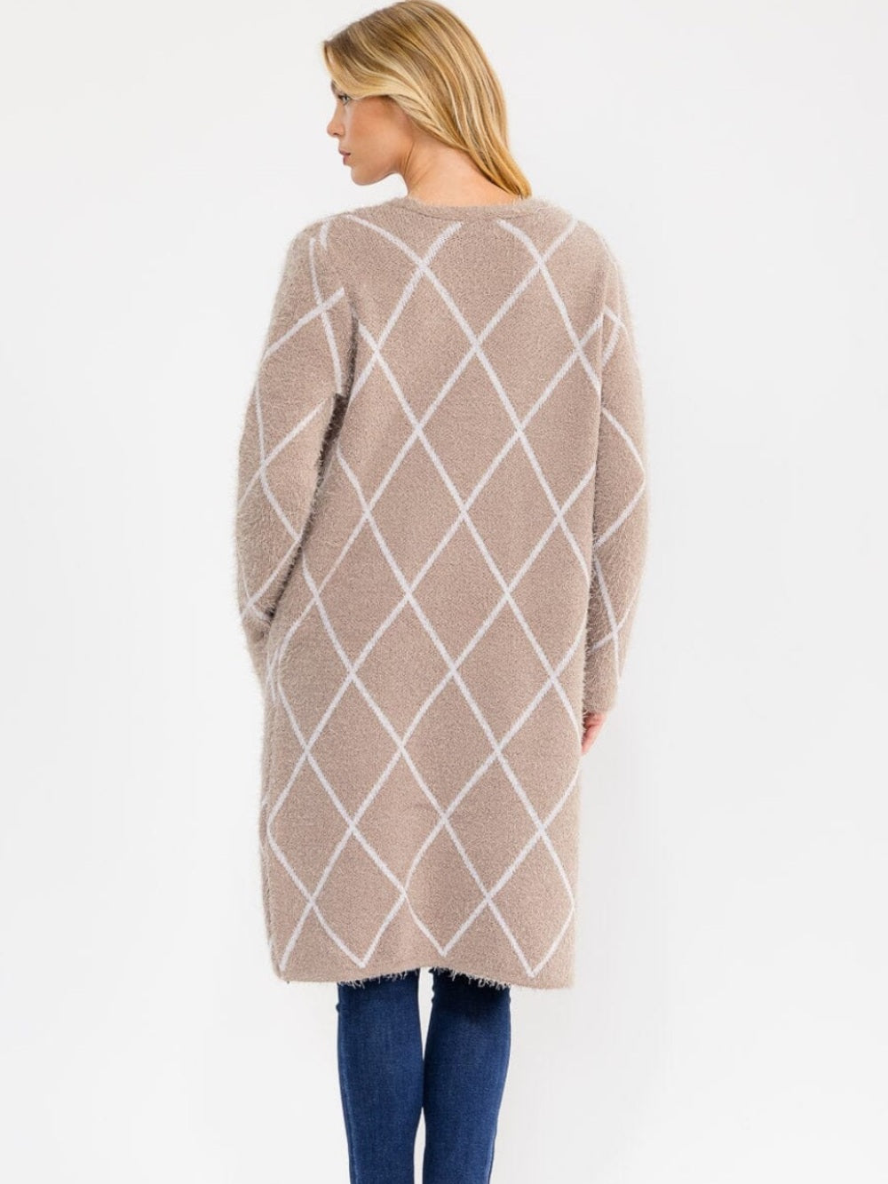A592. Cozy Cream Diamond-Pattern Long Cardigan Sweater