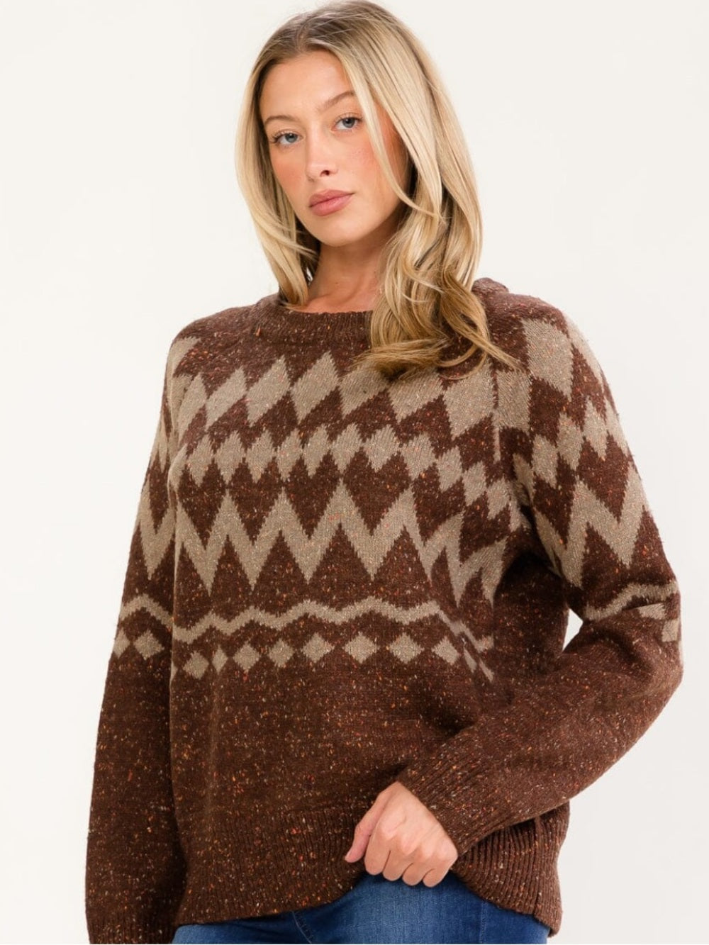 A593. Promesa Brown Fair Isle Knit Pullover Sweater - Cozy Winter