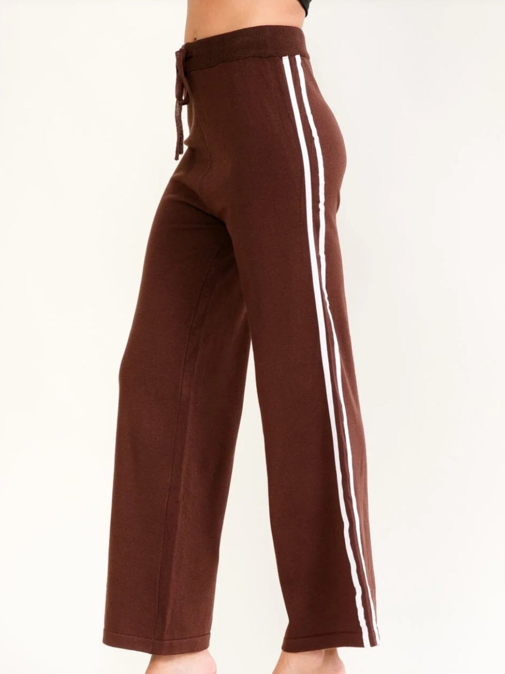 A594. Brown Wide-Leg Knit Track Pants with Side Stripes