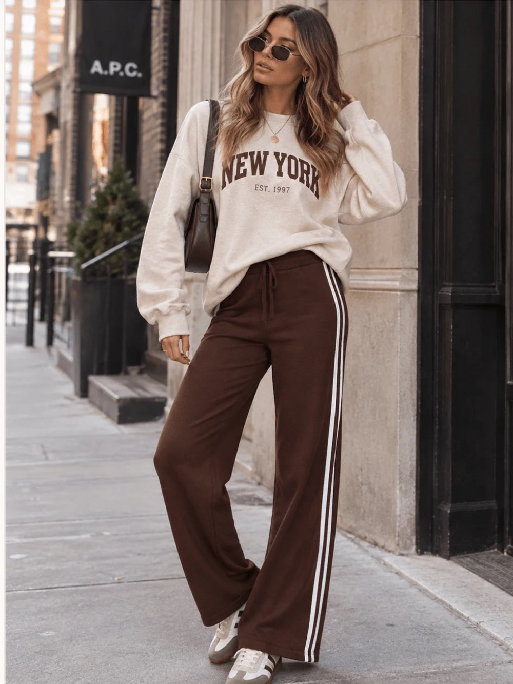 A594. Brown Wide-Leg Knit Track Pants with Side Stripes
