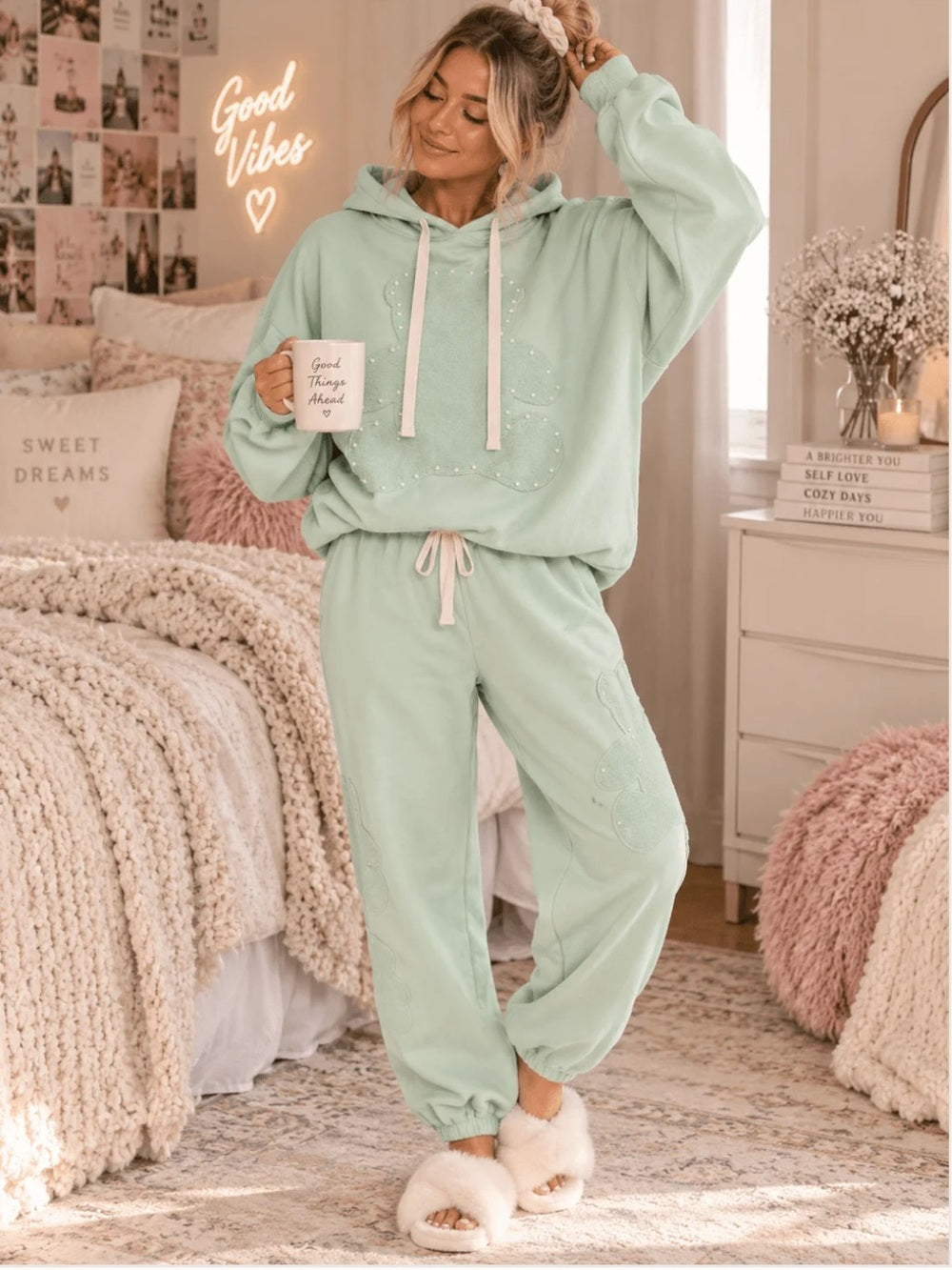 A595. Cozy Teddy Mint Lounge Hoodie & Jogger Set