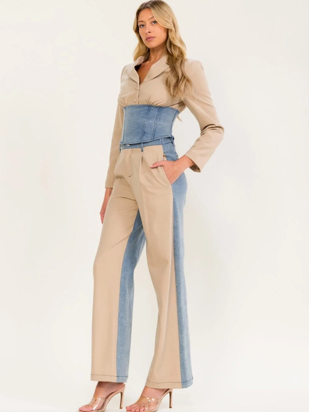 A597 Two-Tone Beige and Denim Jacket & Pants Set