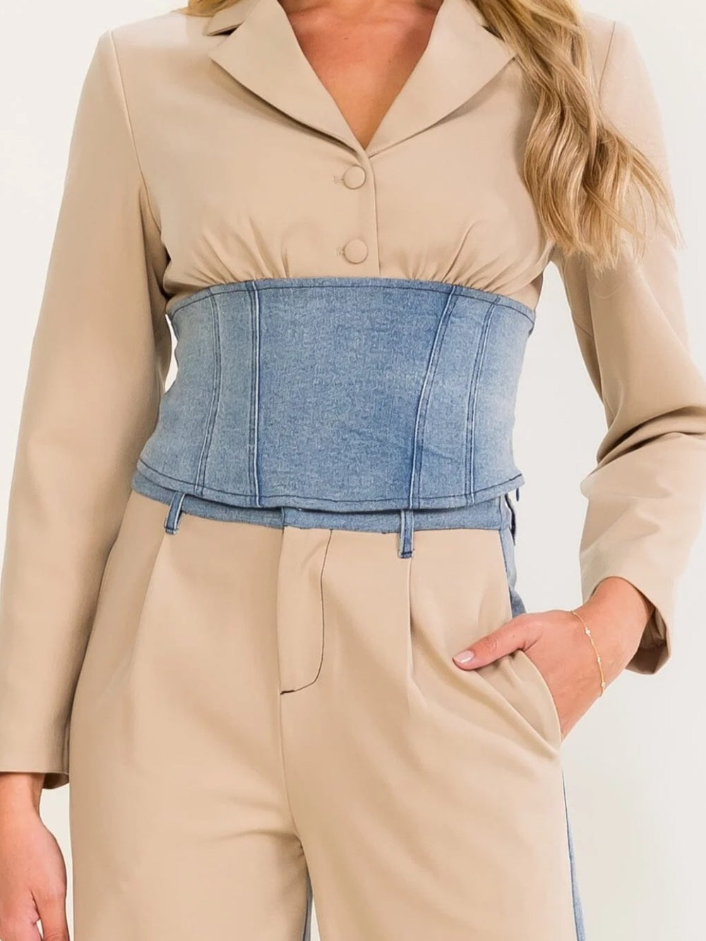 A597 Two-Tone Beige and Denim Jacket & Pants Set