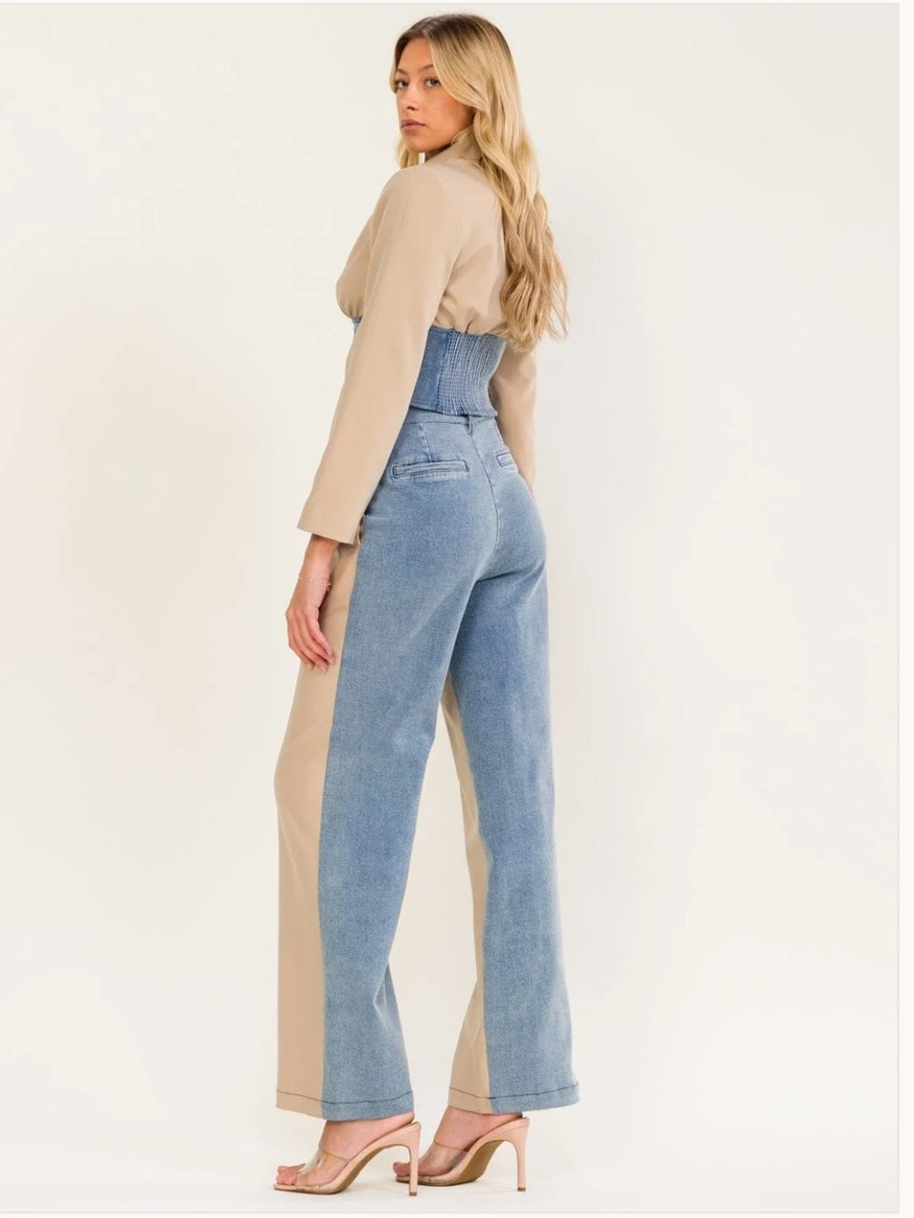 A597 Two-Tone Beige and Denim Jacket & Pants Set