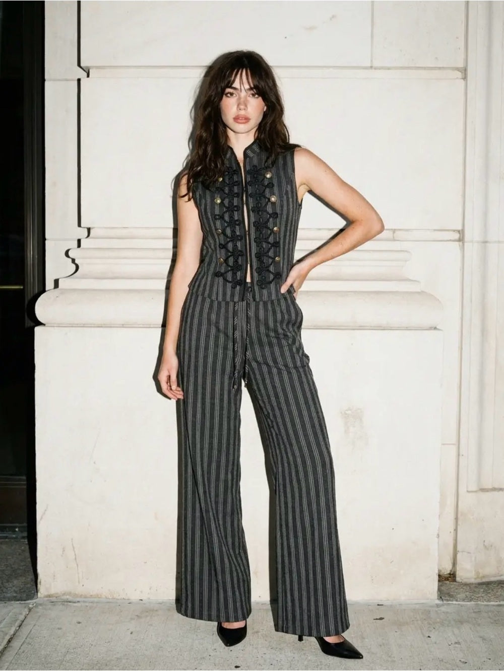 A596. Napoleon Striped Sleeveless Wide-Leg Vest & Pants in Charcoal
