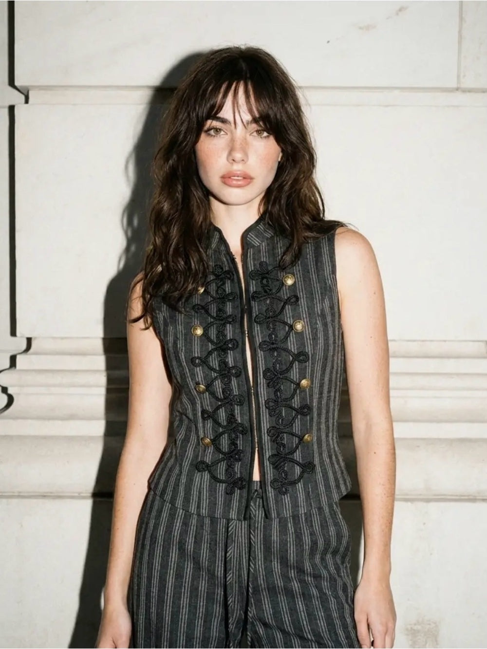 A596. Napoleon Striped Sleeveless Wide-Leg Vest & Pants in Charcoal